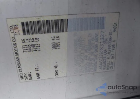 2009 Nissan Maxima 3.5 Sv from USA, damaged, VIN 1N4AA51E79C831327